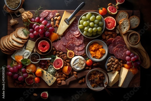 Flat lay of a charcuterie board: Cured meats, cheeses, crackers, fruits, and nuts in an artistic manner for an appetizing and visually appealing charcuterie board. Generative Ai.