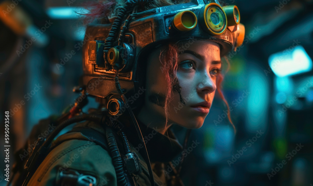 Ilustración de IA generativa
Mujer de videojuego en nave espacial.

