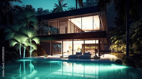 A luxurious modern house with pool - generative AI © Uolir