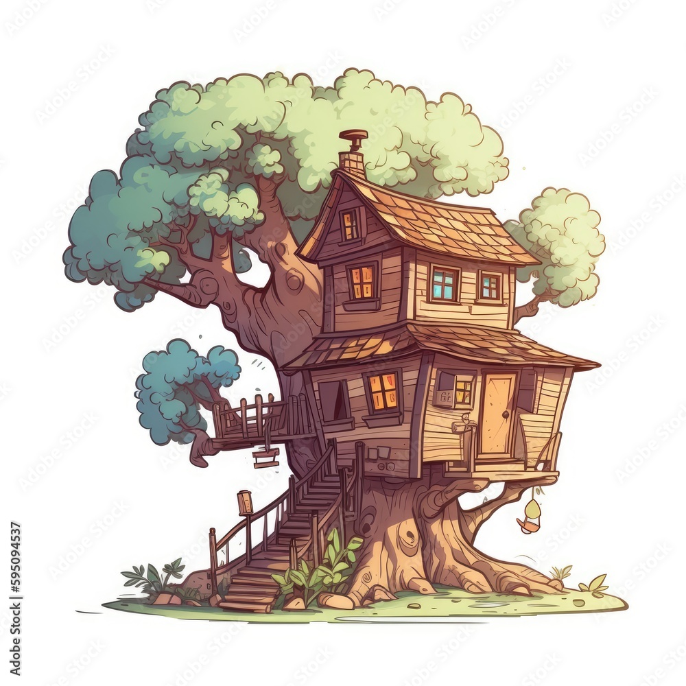 A cartoon illustration of a tree house with a green