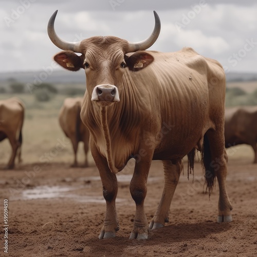A brown bull with horns stands in a field of dirt