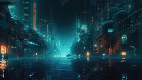 A bustling water cityscape with neon lights