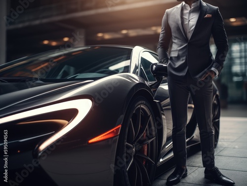 A closeup of a rich businessman standing in front of supercar © Tymofii
