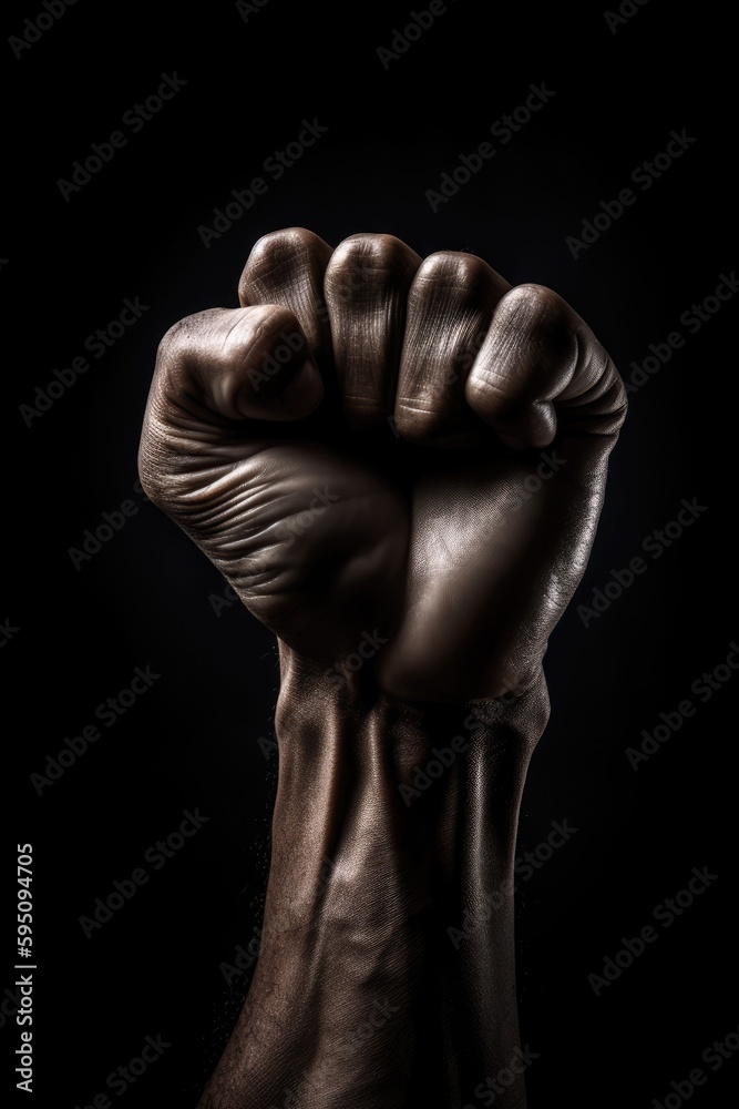 A hand with a clenched fist is held up in a fist A hand with a clenched fist is held up in a fist