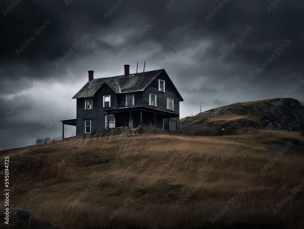 A house on a hill with a dark sky