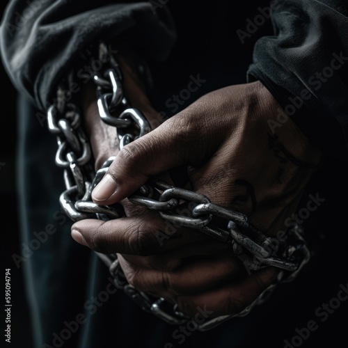 A persons hand is held in a chain