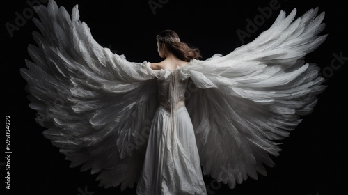 A woman in a white dress with wings spread