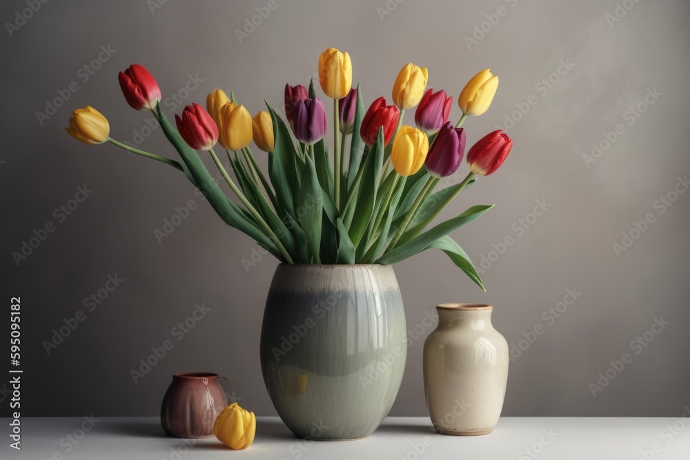 Colorful tulips in vase on pale background