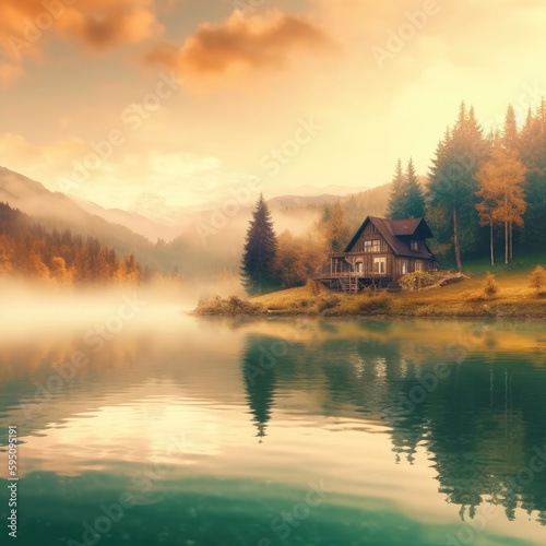 Cottage near large lake in forest area © Tymofii