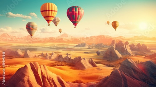 Giant hot air balloons floating above a surreal land
