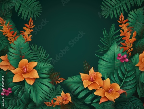 Green background with a tropical leaves and flowers