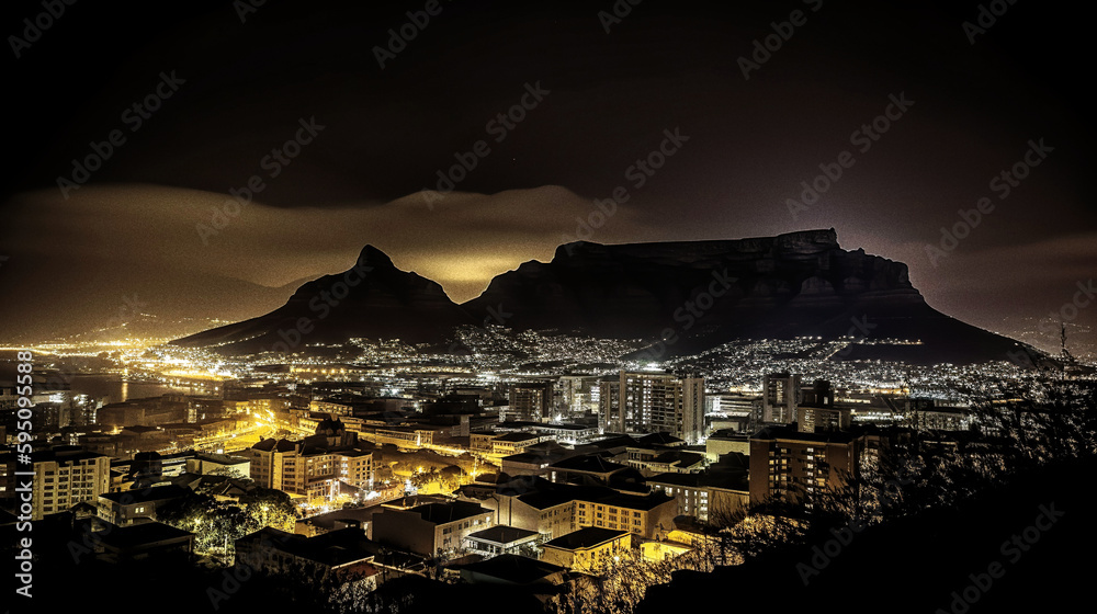Naklejka premium A night view of the skyline of Cape Town, South Africa, with Table Mountain in the background - generative AI