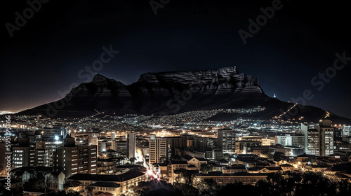 A night view of the skyline of Cape Town, South Africa, with Table Mountain in the background - generative AI