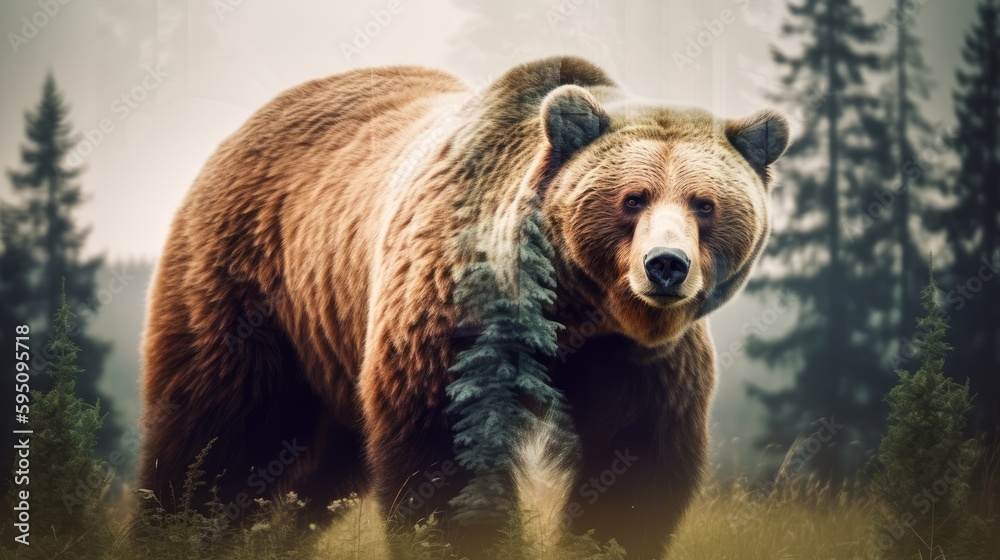 Fototapeta premium Wondrous brown grizzly bear in double exposure