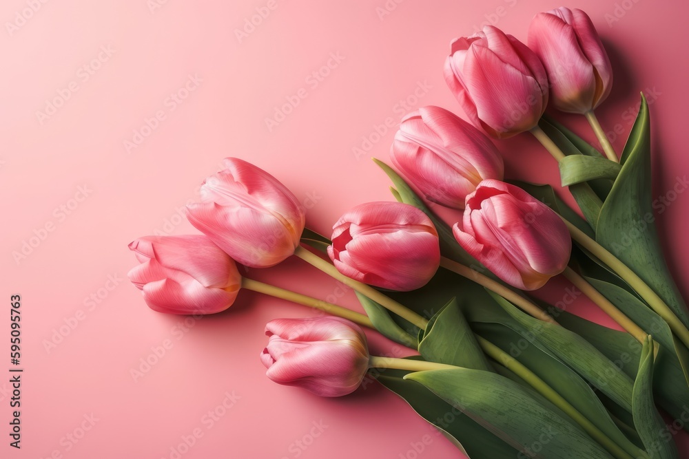 Tulips on pink background flat lay view