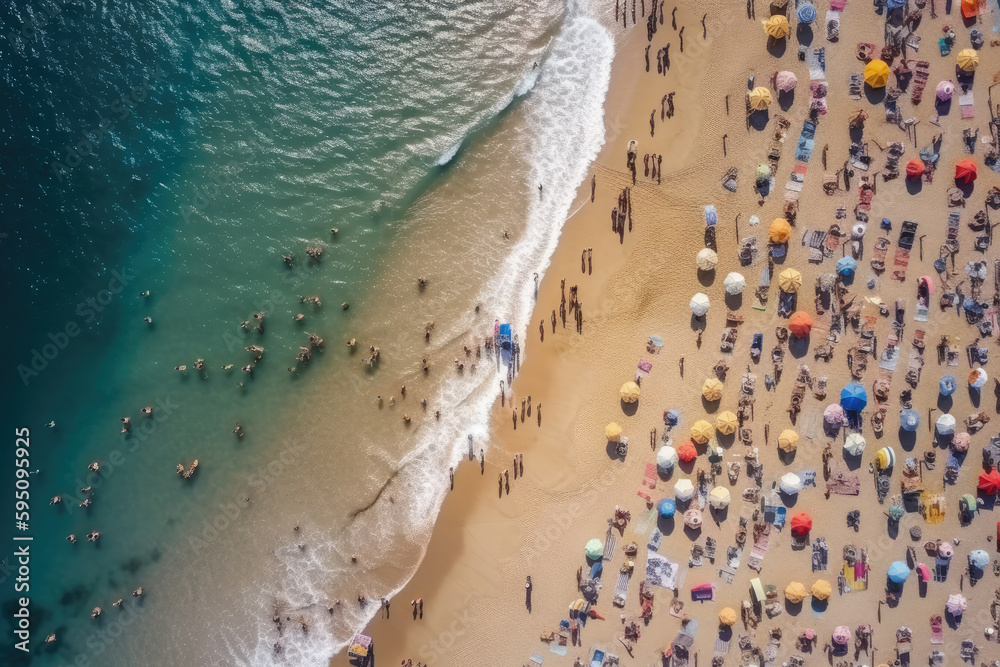 Sea beach with colorful umbrellas and relaxing people, aerial top view. Crowded sandy beach at high season. Tourists at summer holidays. Created with Generative AI