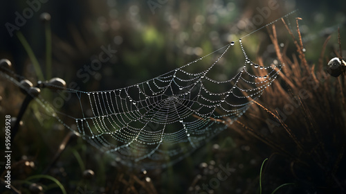 Striking image of an intricate spider web, still image, covered in dewdrops that catch the light, showcasing the delicate, complex patterns of the web and the natural beauty of its design