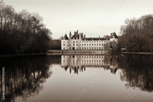 Chenonceau-esque Castle Reflecting in the Cher River - generative AI