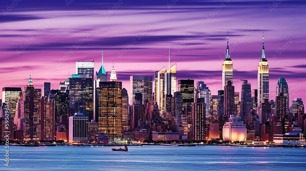 New York City Skyline at Dusk: A Beautiful Pink Sky - generative AI