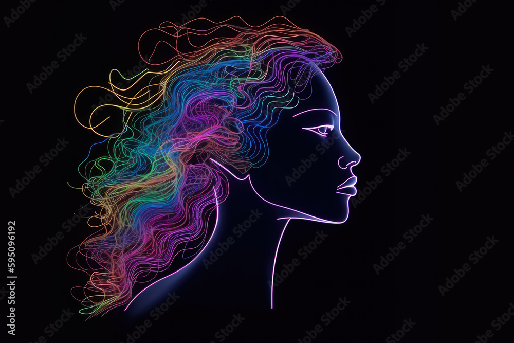 side view contour linear art portrait of woman made from glowing colorful neon light over black background