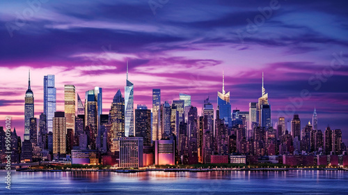 Fotografia New York City Skyline at Dusk: A Beautiful Pink Sky - generative AI