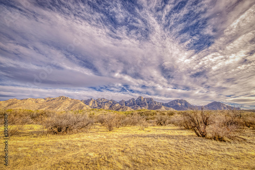 USA, Arizona, Catalina State Park. Landscape with Catalina Mountains and desert.