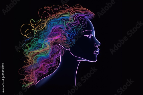 side view contour linear art portrait of woman made from glowing colorful neon light over black background