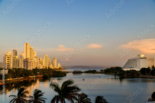 Hotel and residential buildings during sunset in El Laguito neighborhood photo