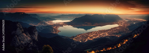 A Serene Panoramic View of Lake Annecy and Surrounding Town - generative AI © Uolir
