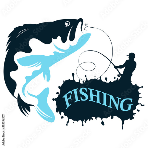 Fisherman with a fishing rod and fish, design for fishing