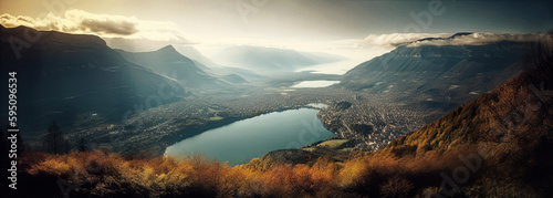 A Serene Panoramic View of Lake Annecy and Surrounding Town - generative AI