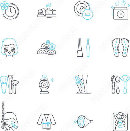Beauty parlor linear icons set. Salon, Hair, Nails, Makeup, Skincare, Waxing, Massage line vector and concept signs. Pedicure,Manicure,Styling outline illustrations