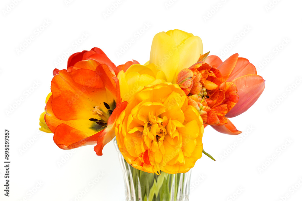 Bright bouquet of orange and yellow tulips. White background.