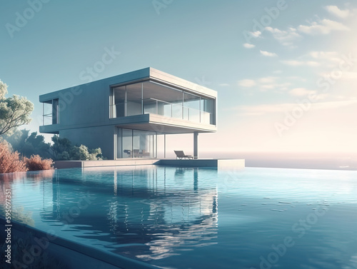 Luxury residential minimalist villa with pool and ocean on horizon. Postproducted generative AI illustration. © AMK 