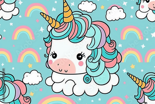 cute baby unicorn kawaii patern seamless created with Generative AI technology