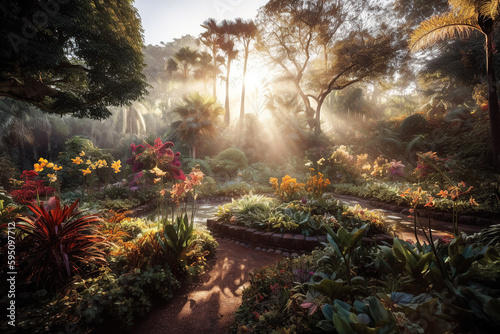 Botanical Garden with Lush Vegetation and Beautiful Flowers  Bathed in Soft Light - generative AI