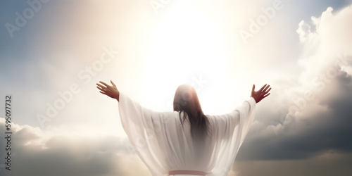 Schilderij op canvas Resurrected Jesus Christ reaching out with open arms in the sky, heaven and cros