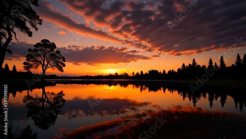 A wide-angle shot of a vibrant sunset over a serene lake, with a row of trees silhouetted in the foreground.