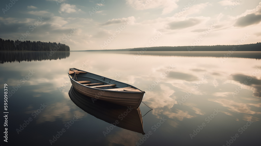 Tranquil image of a small, wooden rowboat on a calm lake, with the boat gently bobbing on the glass-like surface of the water, framed by the soft colors of the sky and distant shore Tranquil image of a small, wooden rowboat on a calm lake, with the boat gently bobbing on the glass-like surface of the water, framed by the soft colors of the sky and distant shore