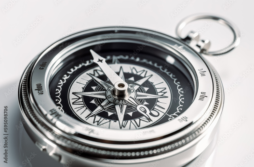 A compass over white background close-up view. Generative AI. A compass over white background close-up view. Generative AI.