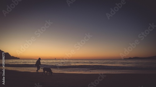 A silhouette of a female with her dog walking on the beach shore in san francisco california © Estuardo Vasquez/Wirestock Creators