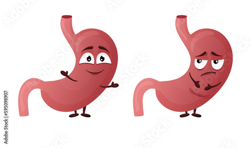Cartoon stomach character. Concept of healthy and diseased internal organ, heaviness and pain. Vector illustration