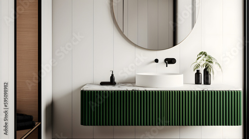 Cuadro en lienzo The scene is set in a modern and minimalist bathroom with a stunning vanity design, featuring a sleek marble countertop and a white round ceramic washbasin