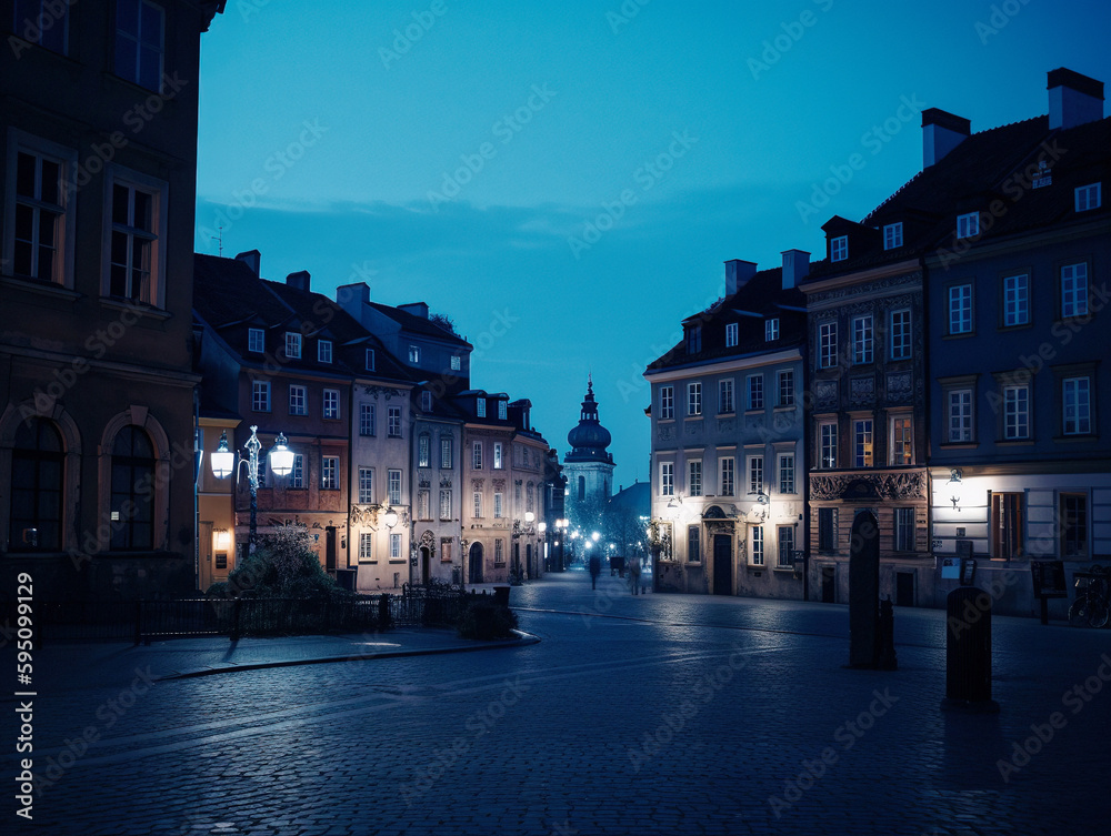 Nighttime Photo of Polish City in the Style of Old Town Warsaw - generative AI