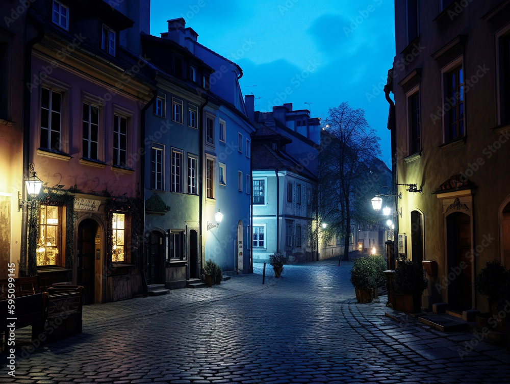 Naklejka premium Nighttime Photo of Polish City in the Style of Old Town Warsaw - generative AI