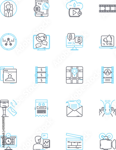 Modern methods linear icons set. Automation, Digitalization, Innovation, Optimization, Efficiency, Technology, Artificial Intelligence line vector and concept signs. Robotics,Cloud Computing,Big Data