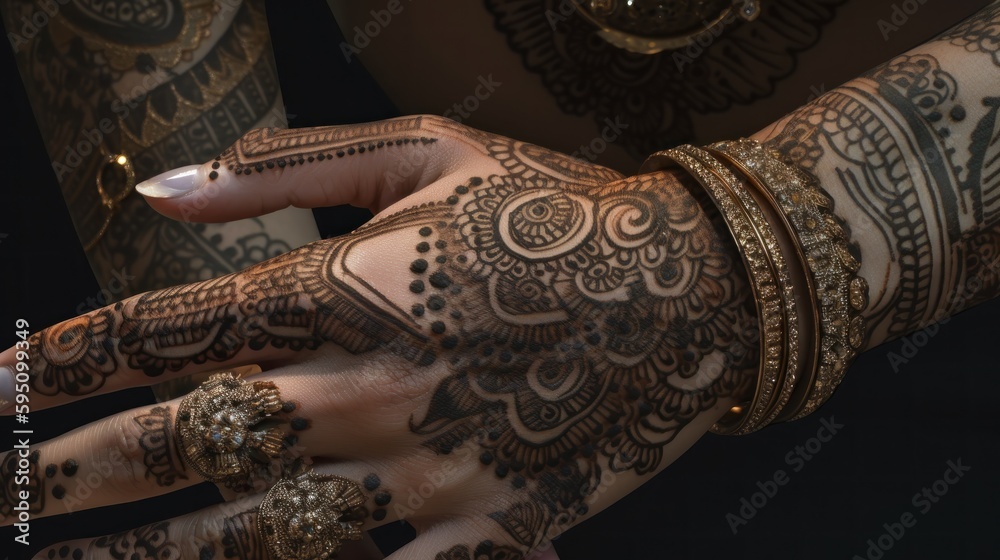 Intricate henna tattoo on hand artistic bride wedding style concept generative ai