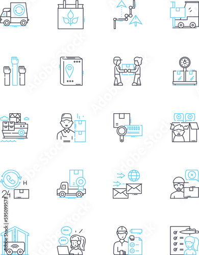 Transport agency linear icons set. Fleet, Logistics, Delivery, Shipment, Transport, Dispatch, Cargo line vector and concept signs. Freight,Carrier,Transit outline illustrations