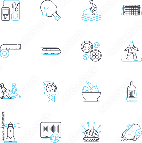 Extreme adventure linear icons set. Adrenaline, Thrilling, Intense, Climbing, Skydiving, Bungee, Paragliding line vector and concept signs. Snowboarding,Surfing,Whitewater outline illustrations