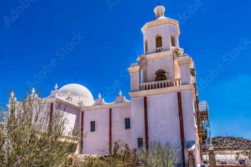 Towers, San Xavier del Bac Mission, Tucson, Arizona. Founded 1692 rebuilt 1700's, run by Franciscans. Example of Spanish Colonial architecture